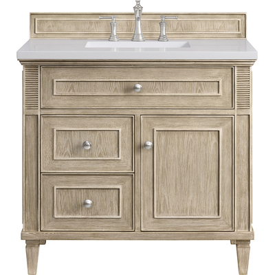 James Martin Lorelai 36 inch Single Vanity, Whitewashed Oak w/ 3 CM White Zeus Quartz Top, 840108971495, 424-V36-WWO-3WZ