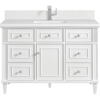 James Martin Lorelai 48 inch Single Vanity, Bright White w/ Single Hole 3 CM White Zeus Quartz Top & Backsplash, 840108971839, 424-V48-BW-1WZ
