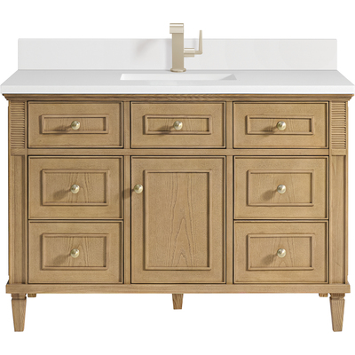 James Martin Lorelai 48 inch Single Vanity, Light Natural Oak w/ Single Hole 3 CM White Zeus Quartz Top & Backsplash, 840108971945, 424-V48-LNO-1WZ