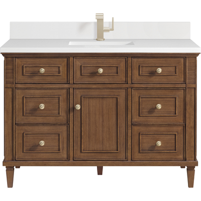 James Martin Lorelai 48 inch Single Vanity, Mid-Century Walnut w/ Single Hole 3 CM White Zeus Quartz Top & Backsplash, 840108972058, 424-V48-WLT-1WZ