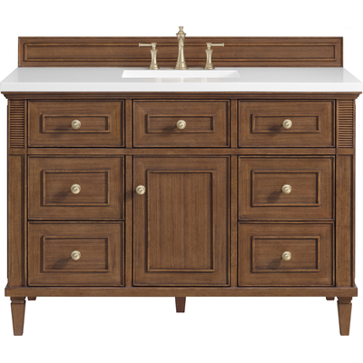 James Martin Lorelai 48 inch Single Vanity, Mid-Century Walnut w/ 3 CM White Zeus Quartz Top, 840108971952, 424-V48-WLT-3WZ