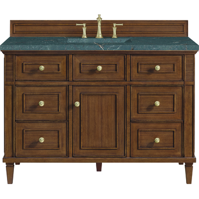James Martin Lorelai 48 inch Single Vanity, Mid-Century Walnut w/ 3 CM Parisien Bleu Silestone Top w/FreePower Wireless Charger, 840467810268, 424-V48-WLT-FPBL