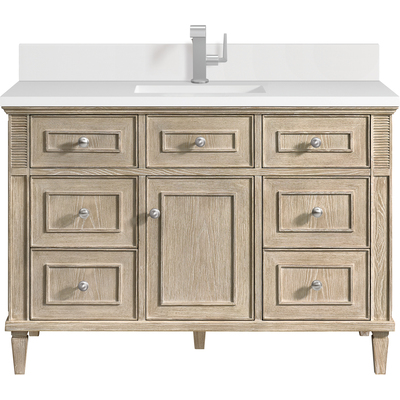 James Martin Lorelai 48 inch Single Vanity, Whitewashed Oak w/ Single Hole 3 CM White Zeus Quartz Top & Backsplash, 840108972171, 424-V48-WWO-1WZ