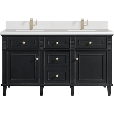 James Martin Lorelai 60 inch Double Vanity, Black Onyx w/ Single Hole 3 CM White Zeus Quartz Top & Backsplash, 840108972287, 424-V60D-BKO-1WZ