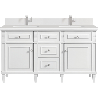 James Martin Lorelai 60 inch Double Vanity, Bright White w/ Single Hole 3 CM White Zeus Quartz Top & Backsplash, 840108972409, 424-V60D-BW-1WZ