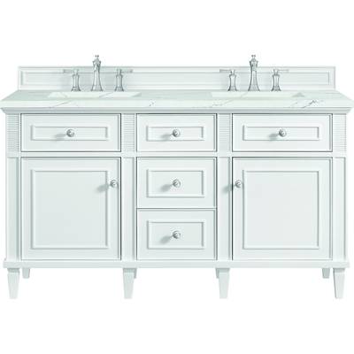 James Martin Lorelai 60 inch Double Vanity, Bright White w/ 3 CM Ethereal Noctis Silestone Top w/FreePower Wireless Charger, 840467810374, 424-V60D-BW-FENC
