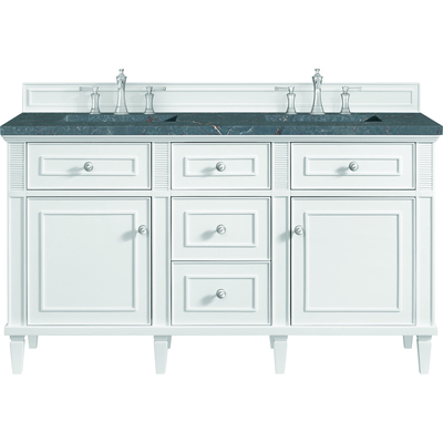 James Martin Lorelai 60 inch Double Vanity, Bright White w/ 3 CM Parisien Bleu Silestone Top w/FreePower Wireless Charger, 840467810381, 424-V60D-BW-FPBL