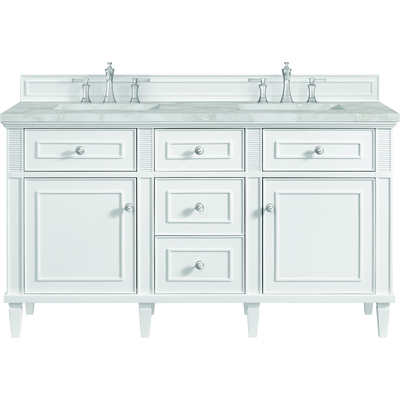 James Martin Lorelai 60 inch Double Vanity, Bright White w/ 3 CM Victorian Silver Silestone Top w/FreePower Wireless Charger, 840467810398, 424-V60D-BW-FVSL
