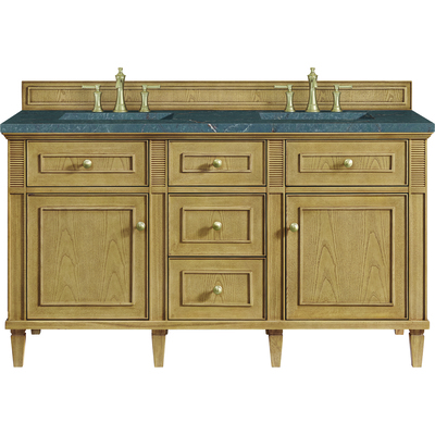 James Martin Lorelai 60 inch Double Vanity, Light Natural Oak w/ 3 CM Parisien Bleu Silestone Top w/FreePower Wireless Charger, 840467810428, 424-V60D-LNO-FPBL