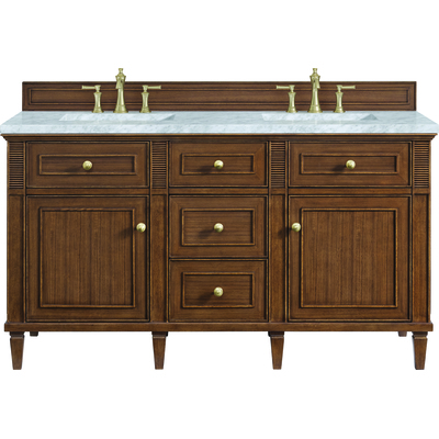 James Martin Lorelai 60 inch Double Vanity, Mid-Century Walnut w/ 3 CM Carrara White Marble Top, 840108972539, 424-V60D-WLT-3CAR