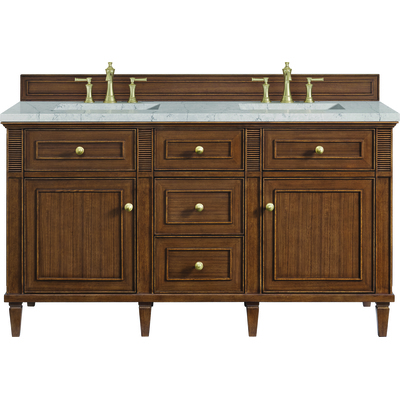 James Martin Lorelai 60 inch Double Vanity, Mid-Century Walnut w/ 3 CM Eternal Jasmine Pearl Quartz Top, 840108972553, 424-V60D-WLT-3EJP