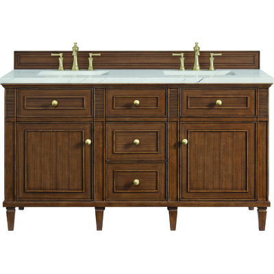 James Martin Lorelai 60 inch Double Vanity, Mid-Century Walnut w/ 3 CM Ethereal Noctis Quartz Top, 840108972560, 424-V60D-WLT-3ENC