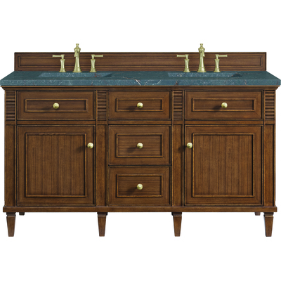 James Martin Lorelai 60 inch Double Vanity, Mid-Century Walnut w/ 3 CM Parisien Bleu Quartz Top, 840108972591, 424-V60D-WLT-3PBL
