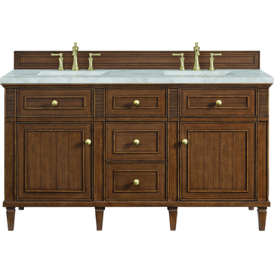 James Martin Lorelai 60 inch Double Vanity, Mid-Century Walnut w/ 3 CM Victorian Silver Quartz Top, 840108972607, 424-V60D-WLT-3VSL