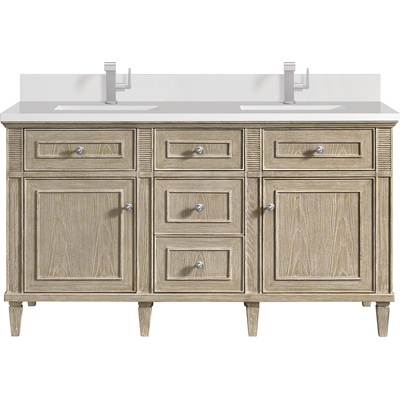 James Martin Lorelai 60 inch Double Vanity, Whitewashed Oak w/ Single Hole 3 CM White Zeus Quartz Top & Backsplash, 840108972744, 424-V60D-WWO-1WZ