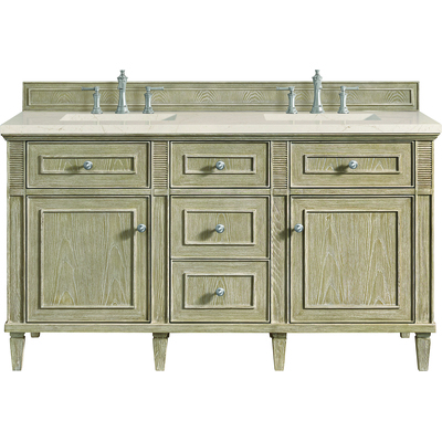 James Martin Lorelai 60 inch Double Vanity, Whitewashed Oak w/ 3 CM Eternal Marfil Quartz Top, 840108972683, 424-V60D-WWO-3EMR