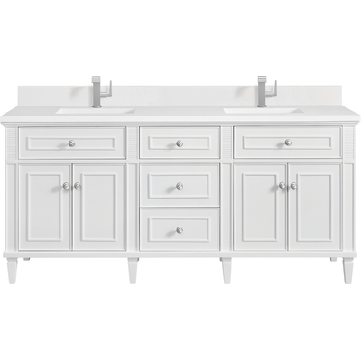 James Martin Lorelai 72 inch Double Vanity, Bright White w/ Single Hole 3 CM White Zeus Quartz Top & Backsplash, 840108972973, 424-V72-BW-1WZ