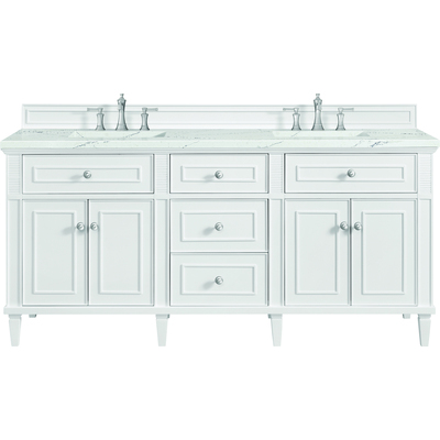James Martin Lorelai 72 inch Double Vanity, Bright White w/ 3 CM Ethereal Noctis Quartz Top, 840108972904, 424-V72-BW-3ENC