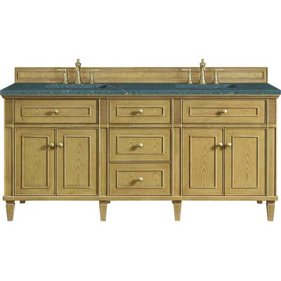 James Martin Lorelai 72 inch Double Vanity, Light Natural Oak w/ 3 CM Parisien Bleu Quartz Top, 840108973055, 424-V72-LNO-3PBL