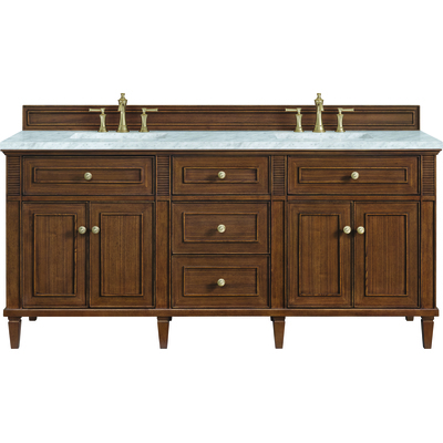 James Martin Lorelai 72 inchDouble Vanity, Mid-Century Walnut w/ 3 CM Carrara White Marble Top, 840108973109, 424-V72-WLT-3CAR