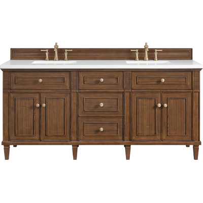 James Martin Lorelai 72 inchDouble Vanity, Mid-Century Walnut w/ 3 CM White Zeus Quartz Top, 840108973093, 424-V72-WLT-3WZ