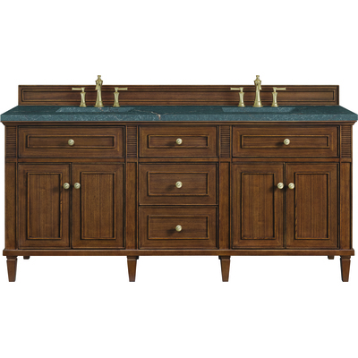 James Martin Lorelai 72 inchDouble Vanity, Mid-Century Walnut w/ 3 CM Parisien Bleu Silestone Top w/FreePower Wireless Charger, 840467810664, 424-V72-WLT-FPBL