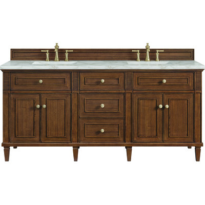 James Martin Lorelai 72 inchDouble Vanity, Mid-Century Walnut w/ 3 CM Victorian Silver Silestone Top w/FreePower Wireless Charger, 840467810671, 424-V72-WLT-FVSL