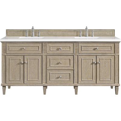 James Martin Lorelai 72 inch Double Vanity, Whitewashed Oak w/ 3 CM White Zeus Quartz Top, 840108973208, 424-V72-WWO-3WZ