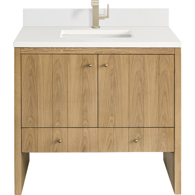 James Martin Hudson 36 inch Single Vanity, Light Natural Oak w/ Single Hole 3 CM White Zeus Top & Backsplash, 840108975912, 435-V36-LNO-1WZ