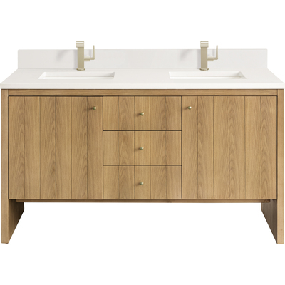 James Martin Hudson 60 inch Double Vanity, Light Natural Oak w/ Single Hole 3 CM White Zeus Top & Backsplash, 840108976582, 435-V60D-LNO-1WZ