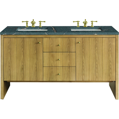 James Martin Hudson 60 inch Double Vanity, Light Natural Oak w/ 3 CM Parisien Bleu Top w/FreePower Wireless Charger, 840467810749, 435-V60D-LNO-FPBL