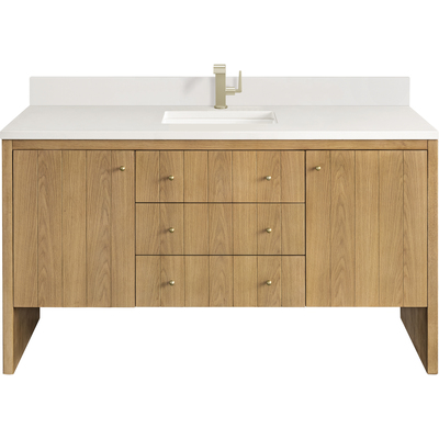 James Martin Hudson 60 inch Single Vanity, Light Natural Oak w/ Single Hole 3 CM White Zeus Top & Backsplash, 840108976841, 435-V60S-LNO-1WZ