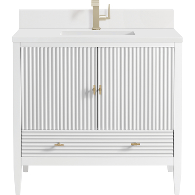 James Martin Myrrin 36 inch Vanity, Bright White w/ Single Hole 3 CM White Zeus Quartz Top & Backsplash, 840108973437, 485-V36-BW-1WZ