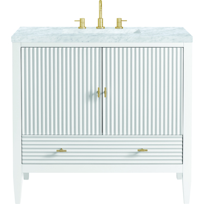 James Martin Myrrin 36 inch Vanity, Bright White w/ 3 CM Carrara White Marble Top, 840108973338, 485-V36-BW-3CAR