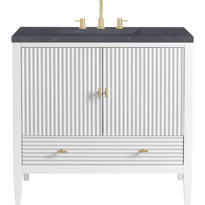 James Martin Myrrin 36 inch Vanity, Bright White w/ 3 CM Charcoal Soapstone Quartz Top, 840108973383, 485-V36-BW-3CSP