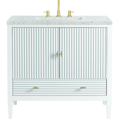 James Martin Myrrin 36 inch Vanity, Bright White w/ 3 CM Eternal Jasmine Pearl Quartz Top, 840108973352, 485-V36-BW-3EJP
