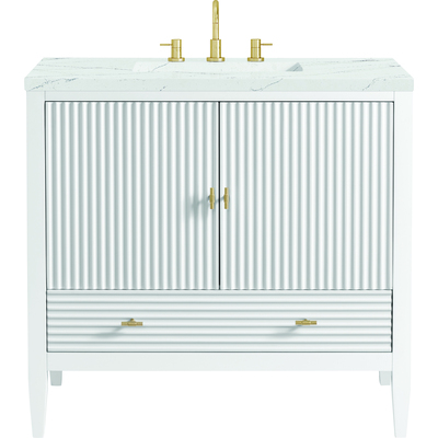 James Martin Myrrin 36 inch Vanity, Bright White w/ 3 CM Ethereal Noctis Quartz Top, 840108973369, 485-V36-BW-3ENC