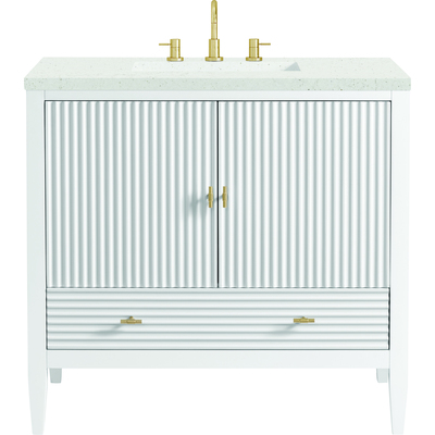 James Martin Myrrin 36 inch Vanity, Bright White w/ 3 CM Lime Delight Quartz Top, 840108973420, 485-V36-BW-3LDL