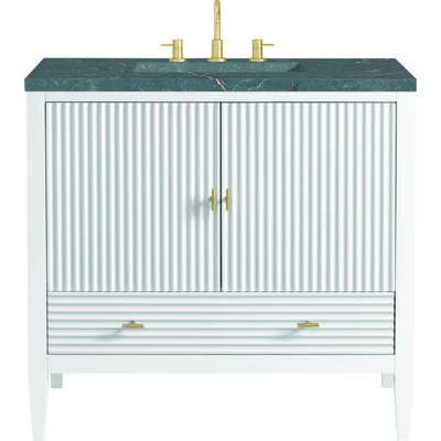 James Martin Myrrin 36 inch Vanity, Bright White w/ 3 CM Parisien Bleu Quartz Top, 840108973406, 485-V36-BW-3PBL