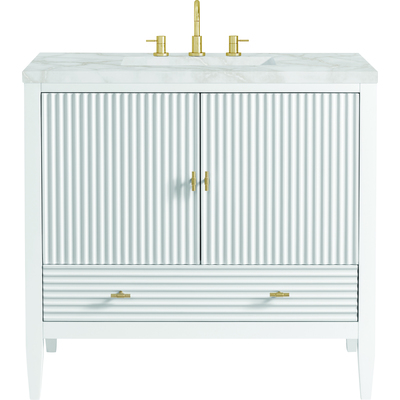James Martin Myrrin 36 inch Vanity, Bright White w/ 3 CM Victorian Silver Quartz Top, 840108973413, 485-V36-BW-3VSL