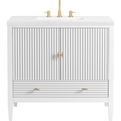 James Martin Myrrin 36 inch Vanity, Bright White w/ 3 CM White Zeus Quartz Top, 840108973321, 485-V36-BW-3WZ
