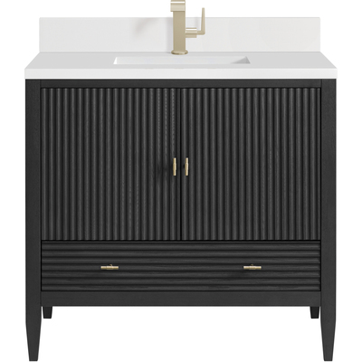 James Martin Myrrin 36 inch Vanity, Carbon Oak w/ Single Hole 3 CM White Zeus Quartz Top & Backsplash, 840108973543, 485-V36-CBO-1WZ