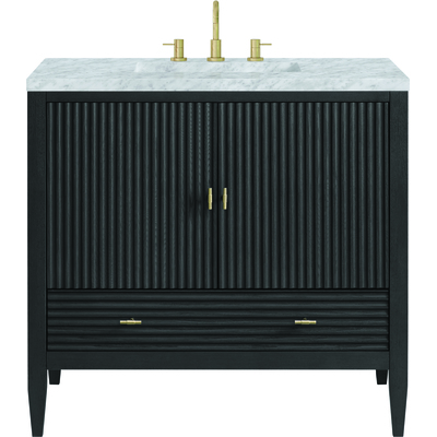 James Martin Myrrin 36 inch Vanity, Carbon Oak w/ 3 CM Carrara White Marble Top, 840108973451, 485-V36-CBO-3CAR
