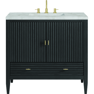 James Martin Myrrin 36 inch Vanity, Carbon Oak w/ 3 CM Victorian Silver Quartz Top, 840108973529, 485-V36-CBO-3VSL