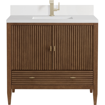 James Martin Myrrin 36 inch Vanity, Mid Century Walnut w/ Single Hole 3 CM White Zeus Quartz Top & Backsplash, 840108973659, 485-V36-WLT-1WZ
