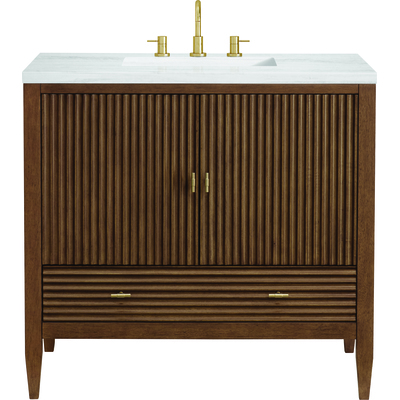 James Martin Myrrin 36 inch Vanity, Mid Century Walnut w/ 3 CM Arctic Fall Solid Surface Top, 840108973574, 485-V36-WLT-3AF