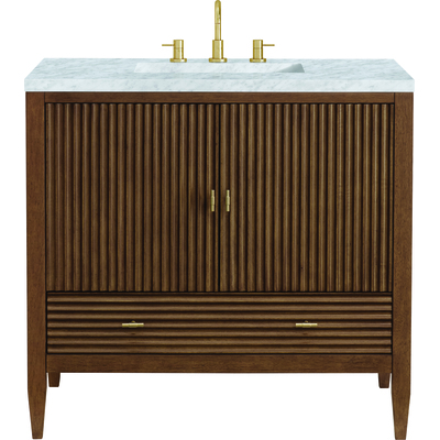 James Martin Myrrin 36 inch Vanity, Mid Century Walnut w/ 3 CM Carrara White Marble Top, 840108973567, 485-V36-WLT-3CAR