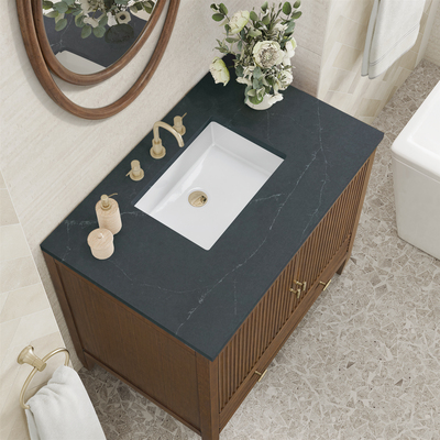 James Martin Myrrin 36 inch Vanity, Mid Century Walnut w/ 3 CM Charcoal Soapstone Quartz Top, 840108973604, 485-V36-WLT-3CSP