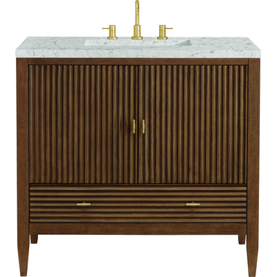 James Martin Myrrin 36 inch Vanity, Mid Century Walnut w/ 3 CM Eternal Jasmine Pearl Quartz Top, 840108973581, 485-V36-WLT-3EJP