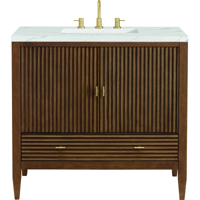 James Martin Myrrin 36 inch Vanity, Mid Century Walnut w/ 3 CM Ethereal Noctis Quartz Top, 840108973598, 485-V36-WLT-3ENC